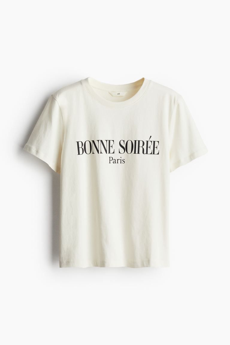 Cotton T-shirt - Round Neck - Short sleeve - Cream/Bonne Soirée - Ladies | H&M US | H&M (US + CA)