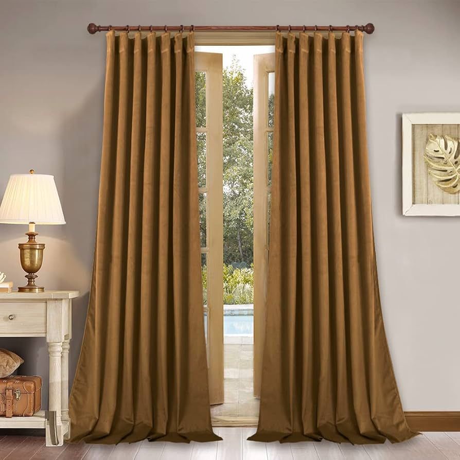 StangH 120 inches Extra Long Gold Brown Velvet Curtains for Living Room, Back Tab Wall Backdrop C... | Amazon (US)