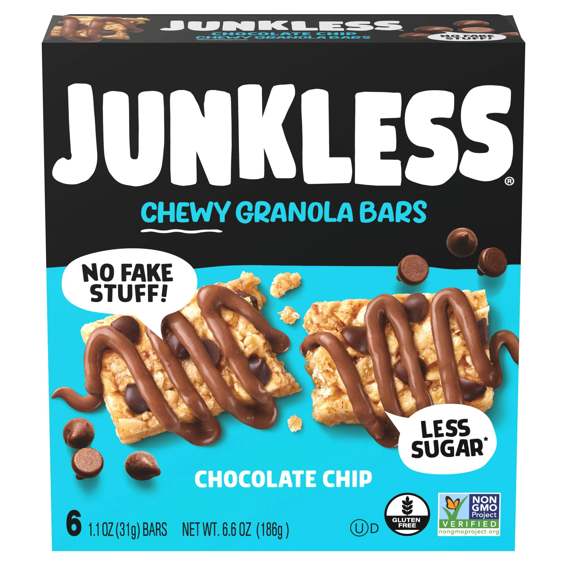 JUNKLESS Chewy Granola Bars, Chocolate Chip, Less Sugar, Gluten Free, Non-GMO, 1.1 oz, 6 Count | Walmart (US)