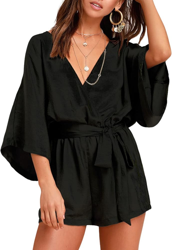 BLUEMING Rompers for Women 2023 Summer Casual V Neck Short Jumpsuits Belted Wrap Flared Half Slee... | Amazon (US)