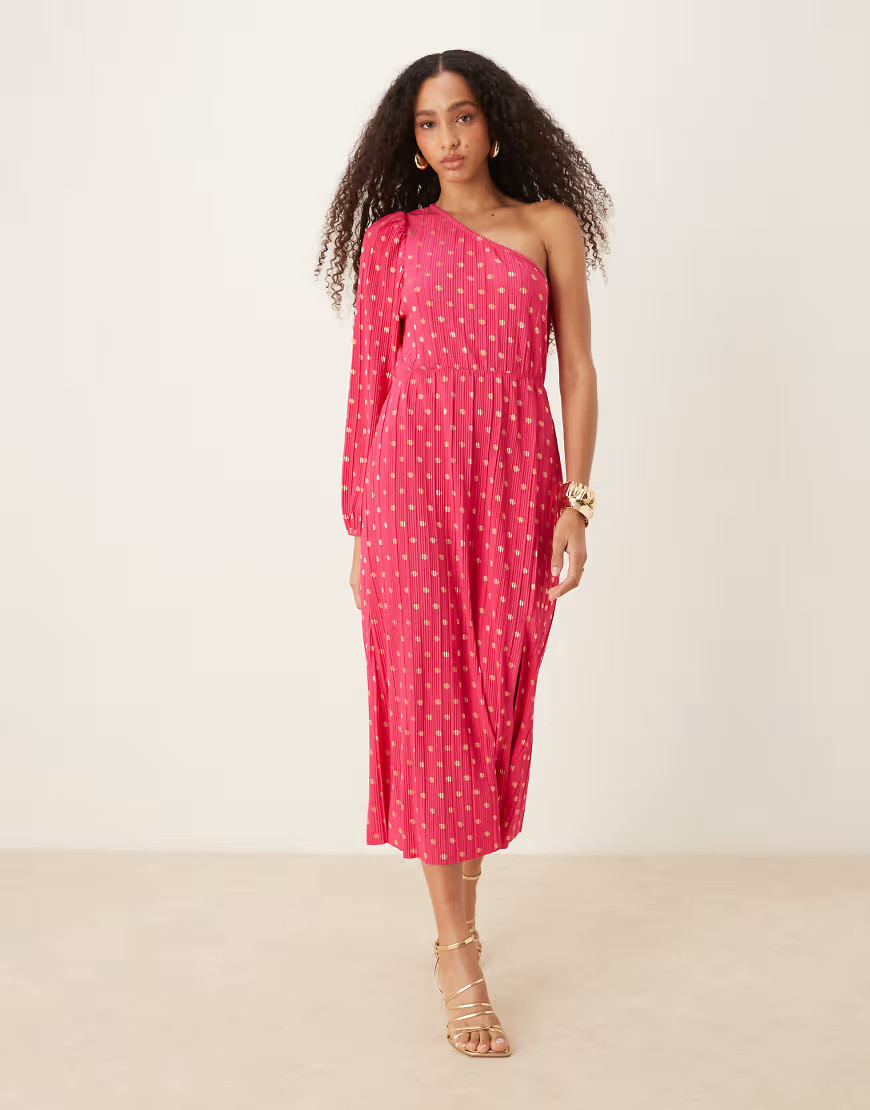YAS foil spot plisse one shoulder maxi dress in pink | ASOS (Global)