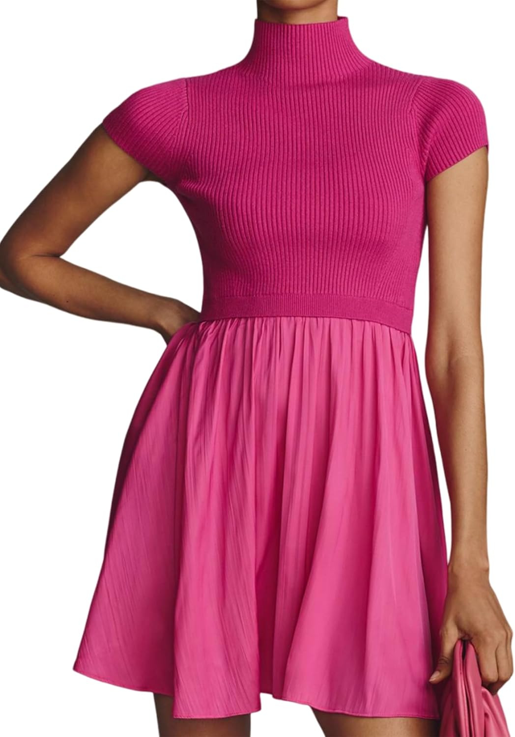 Meladyan Women’s Patchwork Mock Neck Dress Short Sleeve Pleated Knitted Swing Dress Elegant Sol... | Amazon (US)