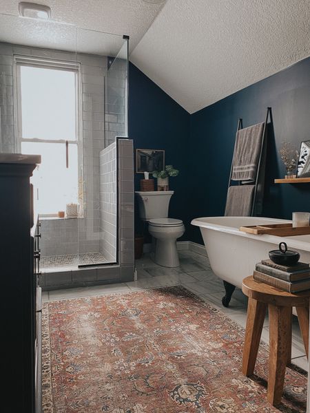 Moody bathroom, bathroom decor, clawfoot tub, bathroom rug 

#LTKunder50 #LTKstyletip #LTKhome
