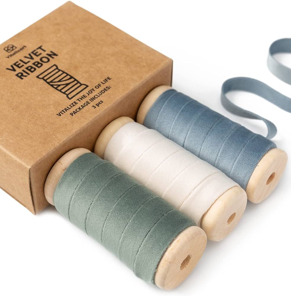 Amazon.com: Vitalizart Velvet Ribbon Dusty Green Blue Set 3/8"" x 15Yd Wooden Spool Fabric Trim E... | Amazon (US)