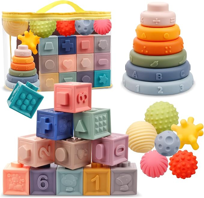 Montessori Toys for Babies,Soft Stacking Building Blocks Rings Balls Sets,3 in 1 Baby Toys Bundle... | Amazon (US)