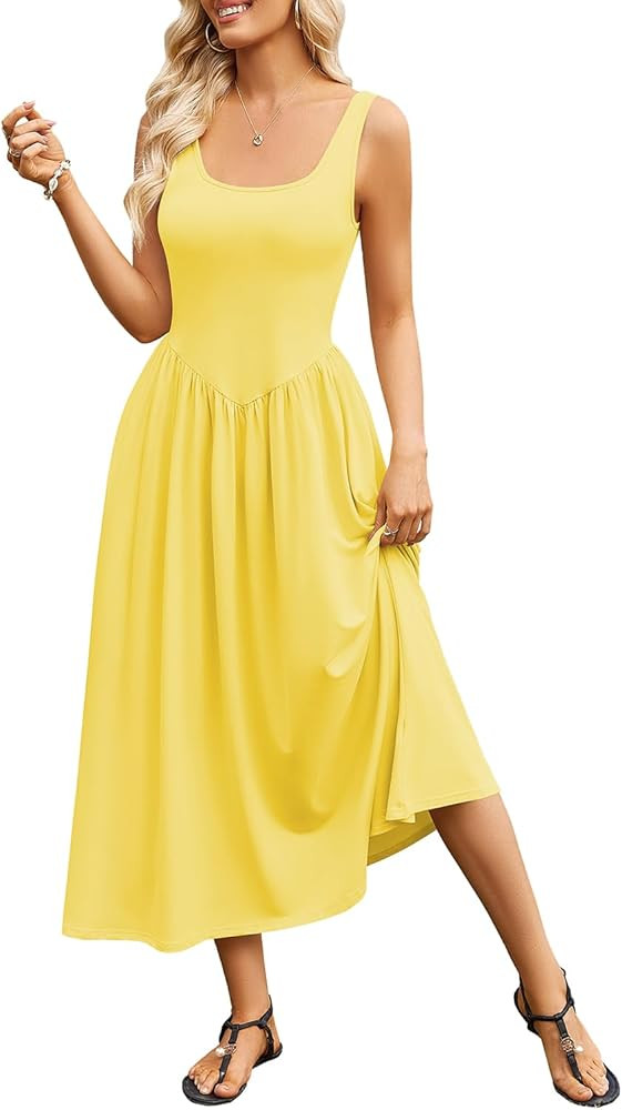 Naggoo Women's Summer Long Maxi Dress Casual Square Neck Sleeveless Tank Dresses Knit Pleated A L... | Amazon (US)