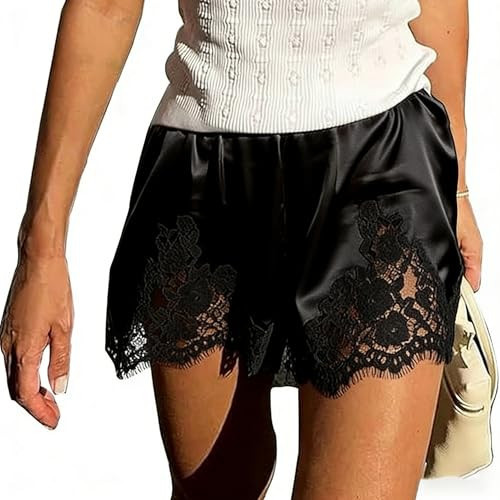 Satin Silk Boxers Shorts for Women Y2k Lace Trim Micro Mini Pajama Shorts Knickers Low Rise Lounge Slip Pj Bottoms | Amazon (US)