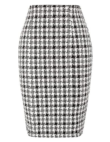 Kate Kasin Women's Tweed Pencil Skirt Stretchy Knee Length Elastic Waist Bodycon Skirts Tweed-Black&White M | Amazon (US)