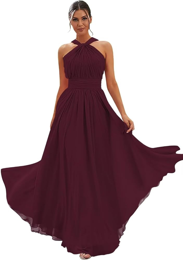 Chiffon Halter Bridesmaid Dresses for Women Long A-line Formal Prom Party Dress with Pockets | Amazon (US)