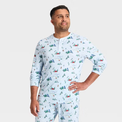 Men's "Tis the Ski-son!" Cozy Knit Long Sleeve Henley Holiday Matching Family Pajama Shirt - Wondershop™ Blue XXL | Target