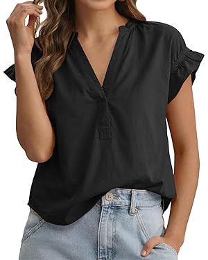 Tankaneo Womens Ruffle Cap Sleeve Tops Summer V Neck Cotton Blouse Dressy Casual Loose Fit Curved... | Amazon (US)