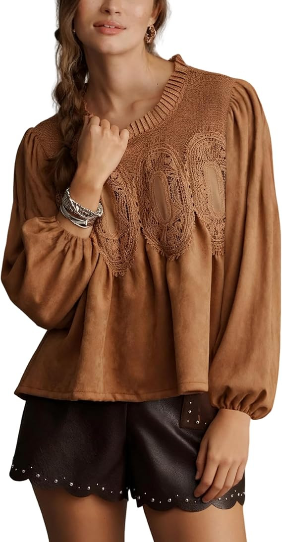 Lentta Women's Lace-Detail Suede Flared Blouse Long Sleeve Crew Neck Swing Babydoll Tops Elegant ... | Amazon (US)