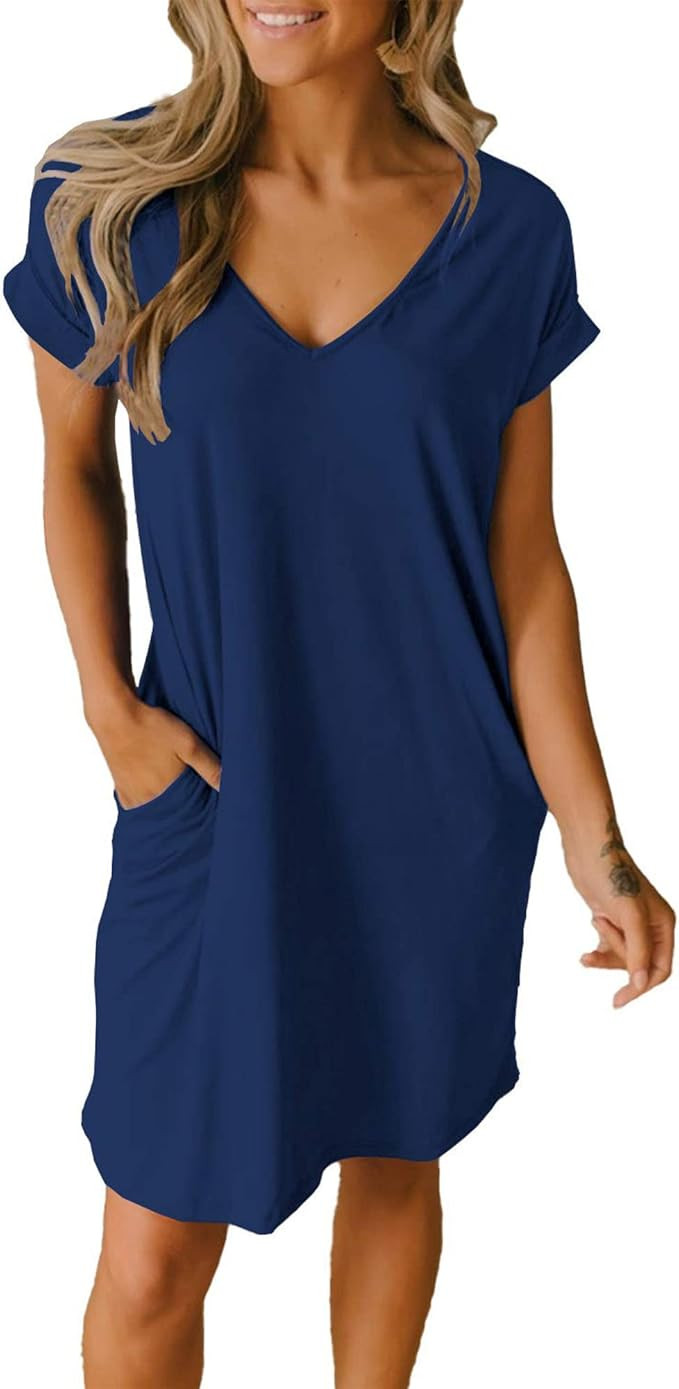 BTFBM Women V-Neck Short Sleeve Summer Dresses 2024 Spring Casual Loose T-Shirt Tunic Short Dress... | Amazon (US)
