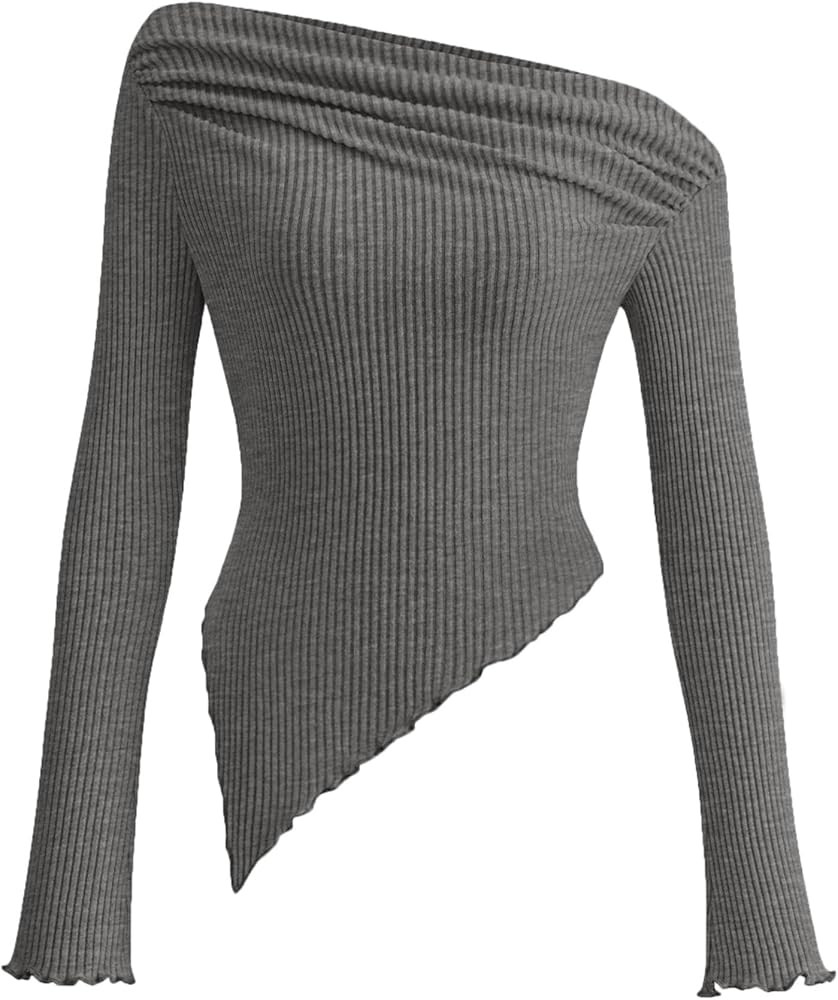 PRETTYGARDEN Women's Long Sleeve Y2K Crop Top Trendy Off Shoulder Asymmetrical Fitted Knit Tee Sh... | Amazon (CA)