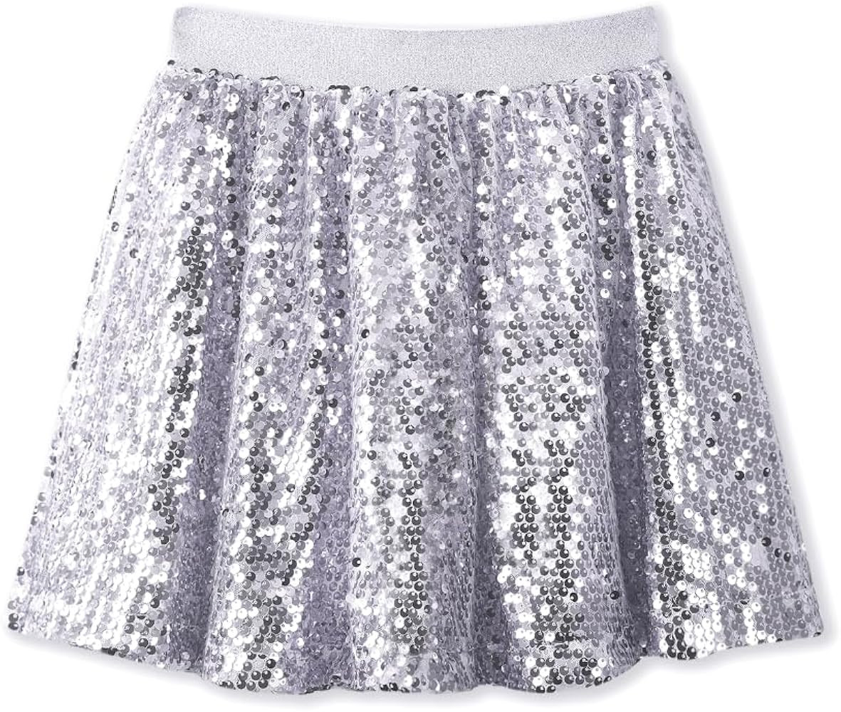 Sequin Skirt for Girls Kids Elastic Waist A-Line Sparlky Mini Skirt with Lining | Amazon (US)