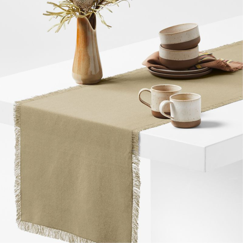 Craft 120" Sage Green Organic Cotton Fringe Table Runner + Reviews | Crate & Barrel | Crate & Barrel