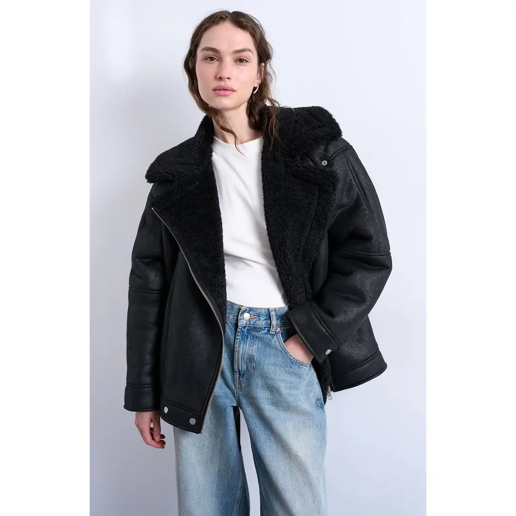 Topshop Faux Shearling Oversize Aviator Jacket in Black at Nordstrom, Size Small | Nordstrom