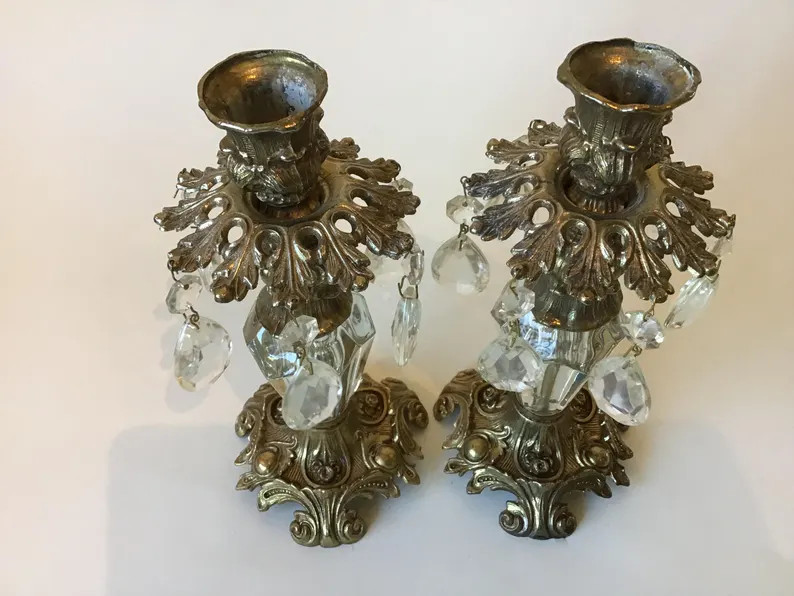 Vintage 1973 L&L WMC Brass and Crystal Pair of Candleholders Hollywood Regency - Etsy | Etsy (US)