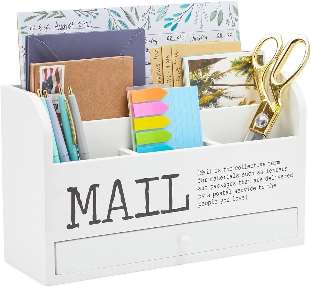 Juvale White Mail Organizer for Desktop, Wooden Mail Sorter Storage Box for Countertop, Home Offi... | Amazon (US)