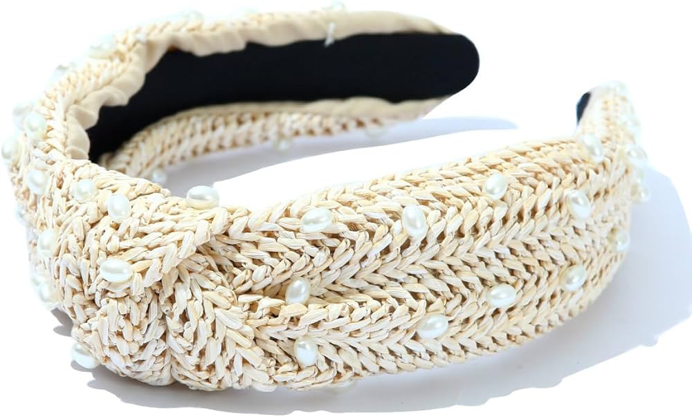 FEDANS Pearly Rattan Headband for Women Light Khaki Straw Headbands Fashion Weave Spring Headband... | Amazon (US)