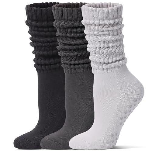 Toetally Pilates Socks with Grips for Women Long Slouch Non-Slip Yoga Barre Cushioned Workout Scrunch Socks 3 Pairs | Amazon (US)