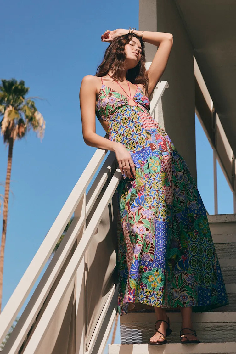 Monica Multi Print Tie-Front Maxi Dress | Lulus