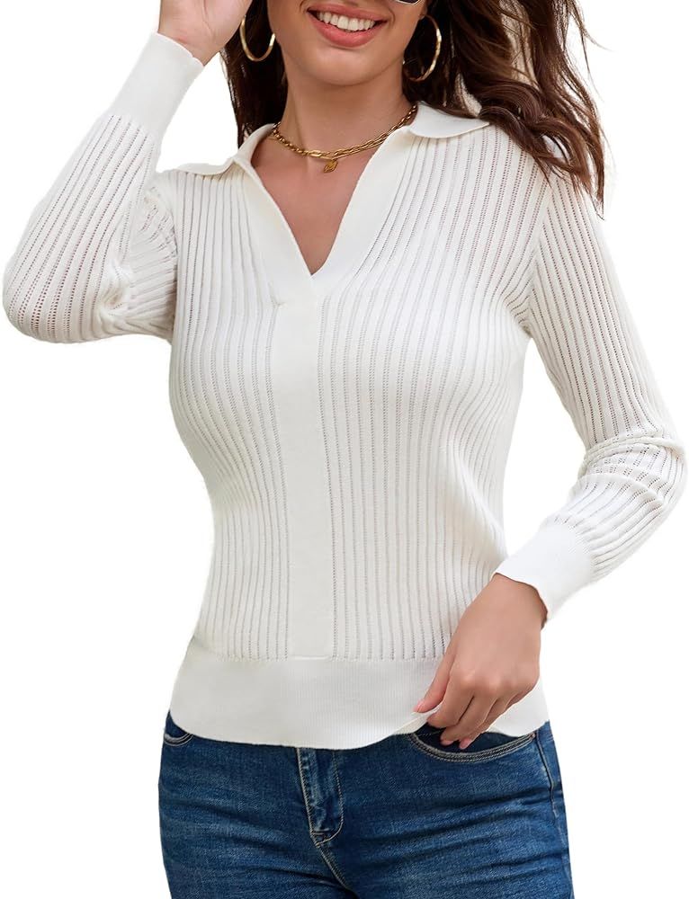 GRACE KARIN Women’s Long Sleeve Pullover Sweaters V-Neck Knitted Lightweight Sweater Casual Lapel Co | Amazon (US)
