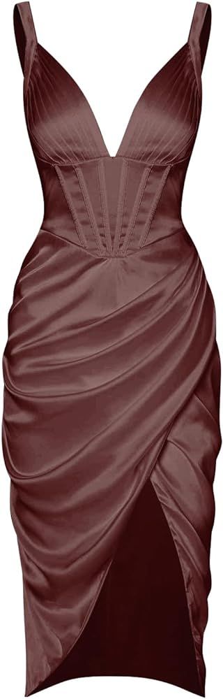 ZAFUL Women's Silky Pleated Draped Bustier Corset-Style Deep V Neck Midi Dress | Amazon (US)