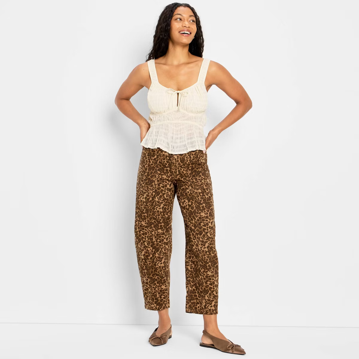 Women's Mid-Rise Barrel Leg Jeans - Future Collective Brown Leopard Print 8 | Target