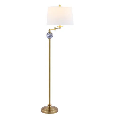 JONATHAN Y Aveiro Classic Midcentury Iron LED Floor Lamp in Brass Gold/blue at Nordstrom | Nordstrom