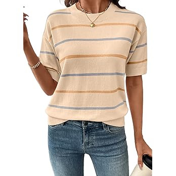 SHEWIN Womens Tops Crewneck Short Sleeve Sweater Pullover Knit Striped Shirt Spring Outfits for W... | Amazon (US)