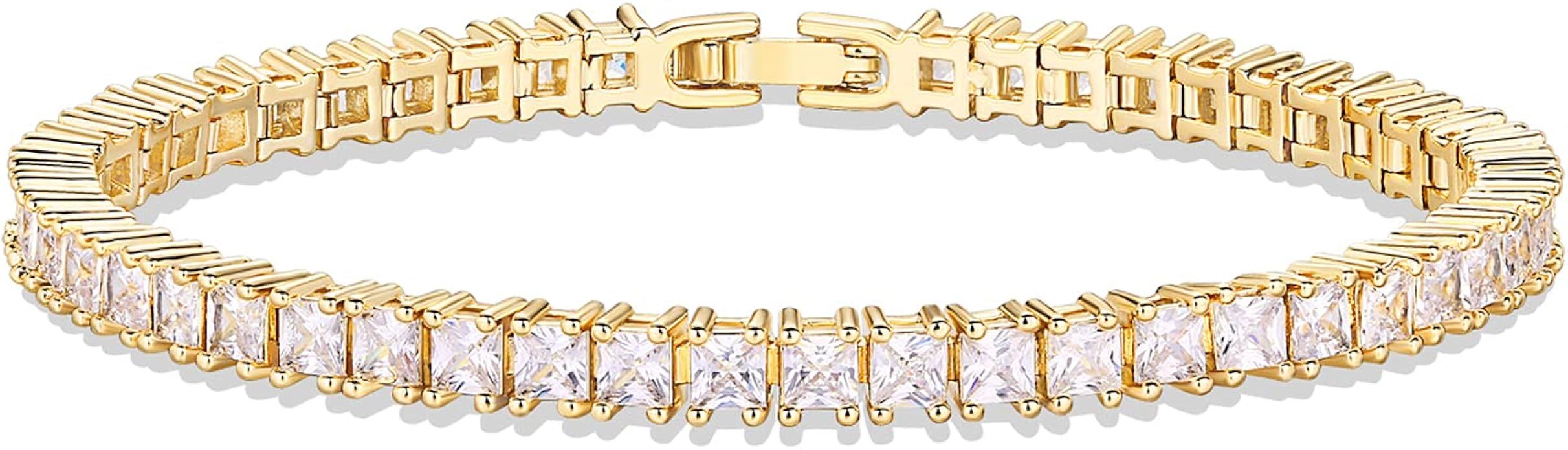 PAVOI 14K Gold Plated Princes Cut Cubic Zirconia Classic Tennis Bracelet | Gold Bracelets for Wom... | Amazon (US)