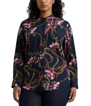 Plus Size Equestrian-Inspired Print Crepe de Chine Roll-Tab Sleeve Button-Front Self-Tie Waist Sh... | Dillard's