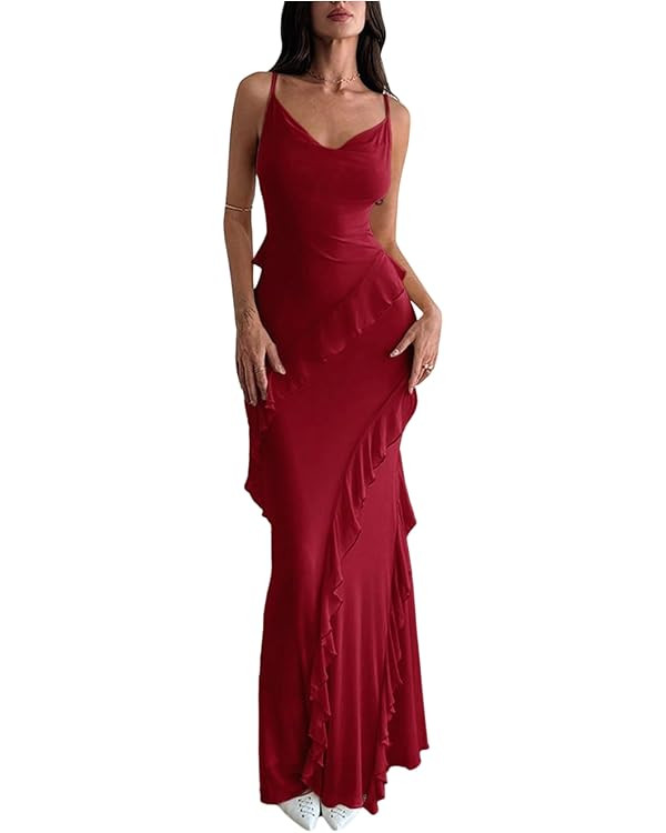 Milumia Women's Ruffle Trim Mesh Cami Dress Spaghetti Strap Draped V Neck Bodycon Long Dresses | Amazon (US)