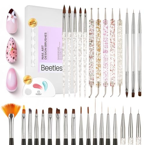 Beetles Nail Art Brushes 31pcs with Case - Confetti Nail Art Pens Daul Ended Dotting Tools Striping Liner Brushes for Nails 3D Flower Sculpting Tools Palette Holder DIY Home Salon Manicure Design Set | Amazon (US)