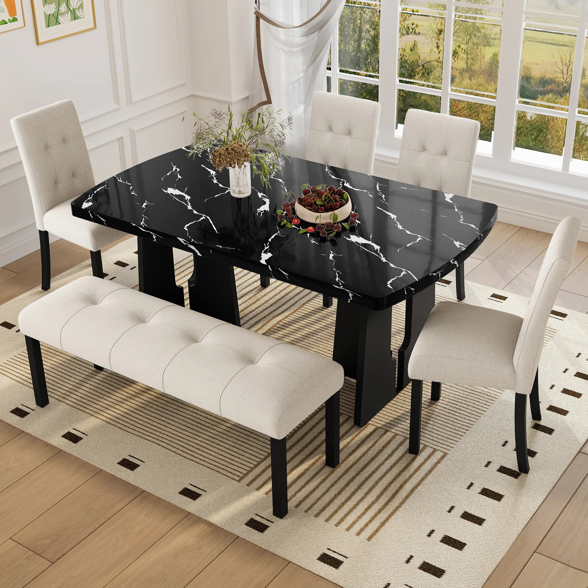 ModernLuxe Assembly Required 6 Piece Modern Dining Table Set 63inch Faux Marble Dining Table with Geometric Legs 4 Upholstered Chairs 1 Bench | Lowe's