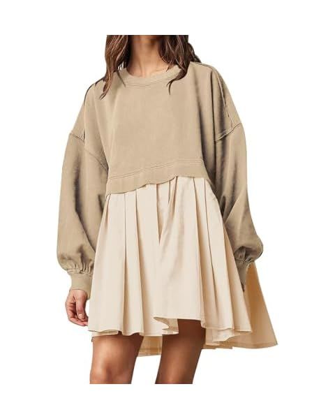 Ameliever Oversized Sweatshirt Dress Women Patchwork Long Sleeve Crewneck Pullover Tops Loose Ple... | Amazon (US)