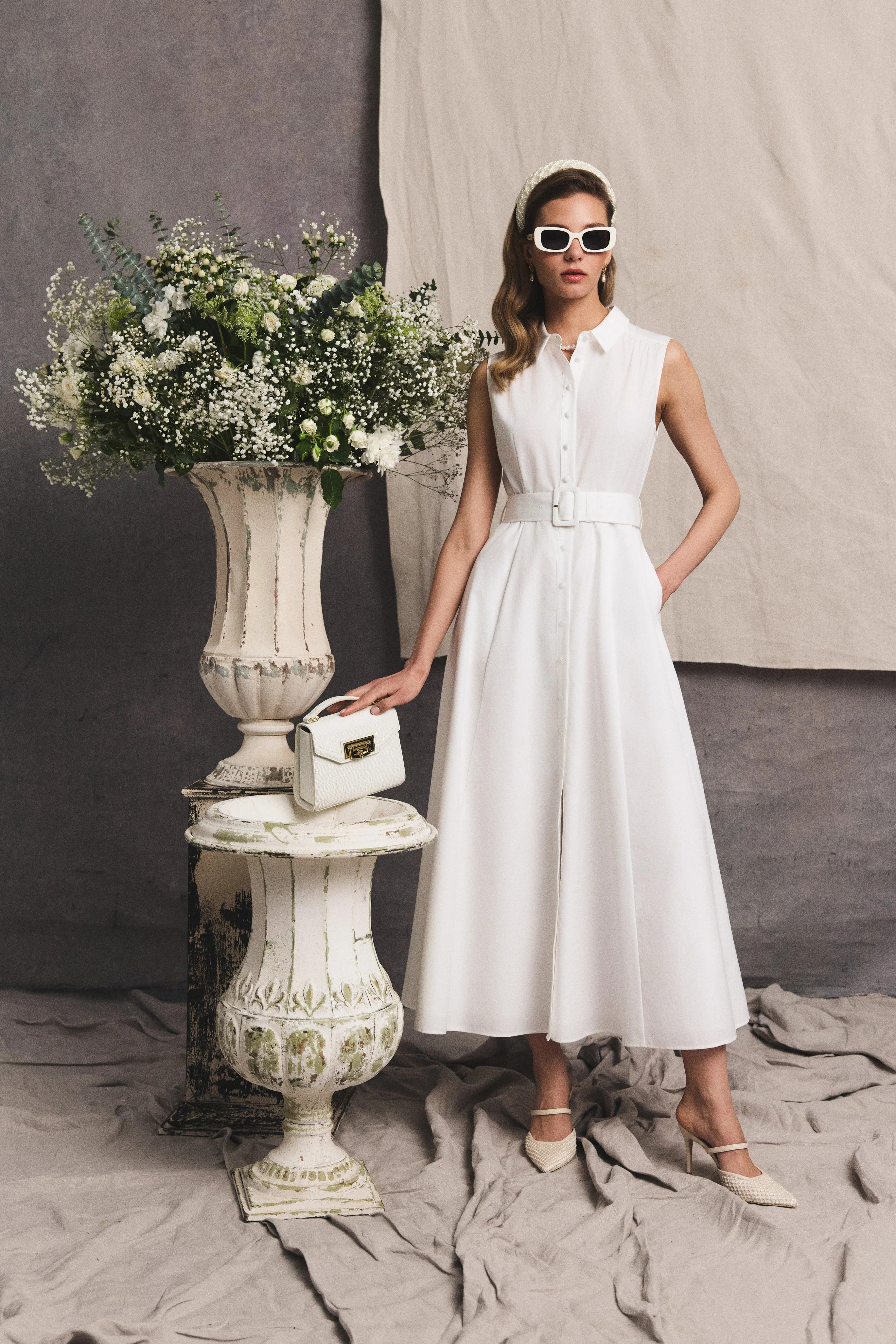 Aimee Sleeveless Dress (White) | Holland Cooper