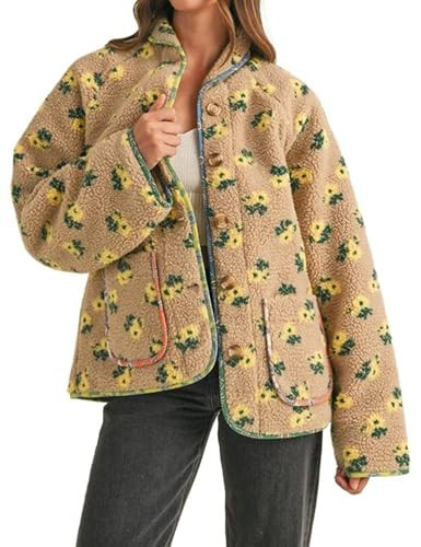 Dqbeng Womens Floral Sherpa Fleece Jacket Long Sleeve Button Up Oversized Casual Teddy Coats Outerwear with Pockets (Khaki-Small) | Amazon (US)