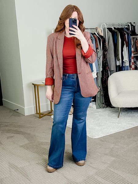 Casual Friday work outfit from Target. Love these flare jeans! Plaid blazer is super cute for fall too. 

Target outfit. Work outfit. 

Size 10 in jeans, size small in blazer and medium in tank top. 

#LTKunder50 #LTKworkwear #LTKstyletip