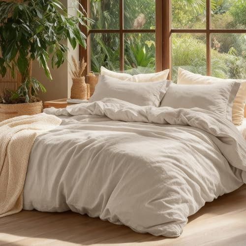 Bedsure 100% Washed Cotton Duvet Cover Queen - Beige Minimalist Cotton Duvet Cover Set Linen Like - 3 Pieces GentleSoft™ Plain Simple Bedding Set with 2 Pillow Shams (Oatmeal, Queen, 90"x90") | Amazon (CA)