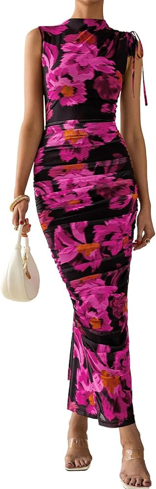 PRETTYGARDEN Women's Summer Maxi Floral Dresses Ruched Bodycon Sleeveless Mesh Formal Wedding Gue... | Amazon (US)