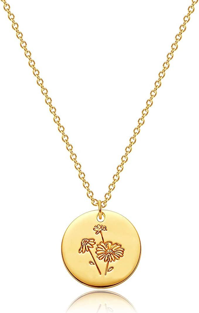Mevecco Birth Flower Necklace 18k Gold Engraved Custom Floral Pendant Necklaces Dainty Birth Mont... | Amazon (US)