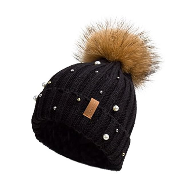 Pilipala Women Knit Winter Turn up Beanie Hat by with Pearl and Fur Pompom VC17605 | Amazon (US)