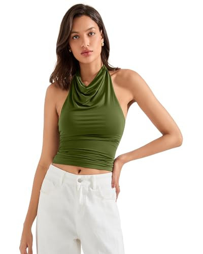 SUUKSESS Women Halter Backless Tank Tops Sexy Cowl Neck Summer Going Out Tops Sleeveless Camisole Top (Army Green,XS) | Amazon (US)
