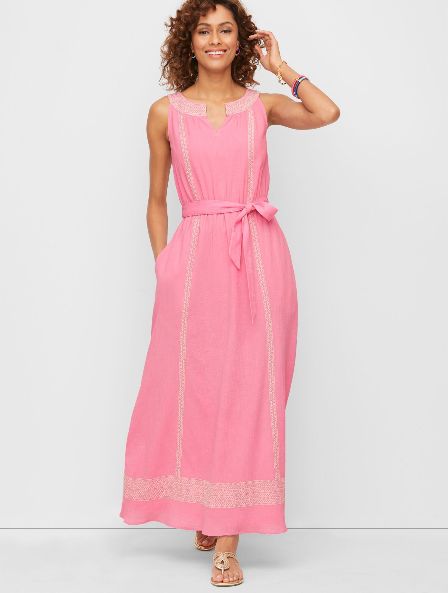 Embroidered Gauze Belted Maxi Dress | Talbots