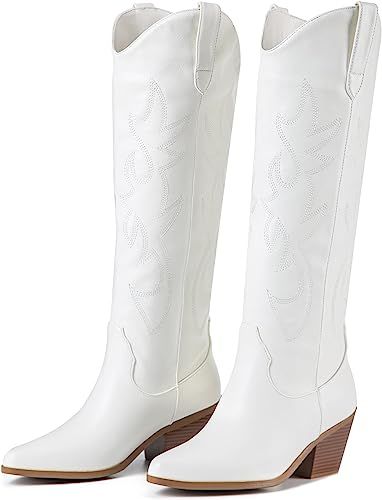 ZXHYZLZ Women's Cowboy Boots Knee High Seam Mid Heel Block Heel Almond Pointed Toe Fashion Classi... | Amazon (US)