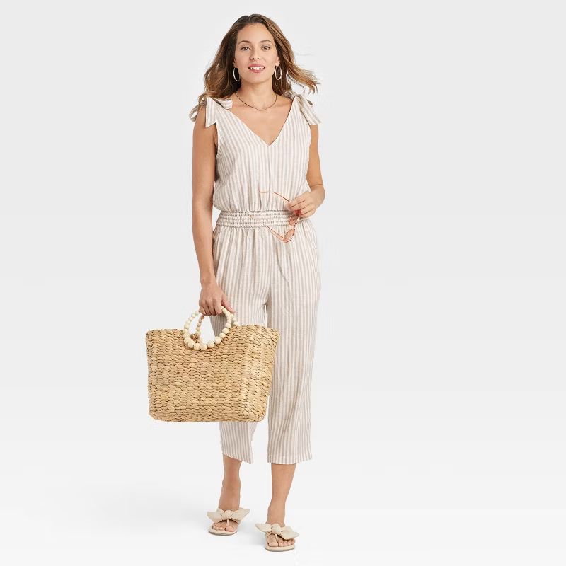 Women&#39;s Sleeveless Tie Shoulder Jumpsuit - A New Day&#8482; Cream Striped XS | Target