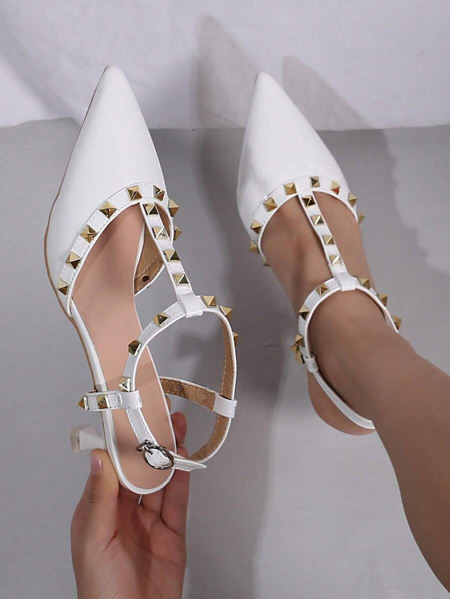 Women Studded Decor Ankle Strap Pumps, Point Toe Punk Pumps | SHEIN