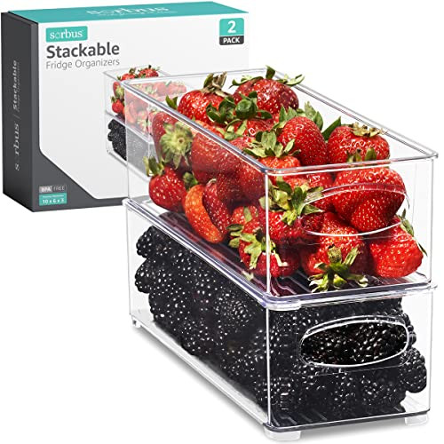 Sorbus Stackable Refrigerator Organizer Bins - Clear Storage Bins for Kitchen Pantry, Freezer & Fridge Organization - Food Organizing Plastic Containers with Handles for Countertops & Drawers (2 Pack) | Amazon (US)